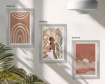 Zestaw 3 obrazów w ramie z motywem abstrakcyjnych kształtów i ilustracji w stylu boho
