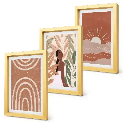Zestaw 3 obrazów w ramie z motywem abstrakcyjnych kształtów i ilustracji w stylu boho