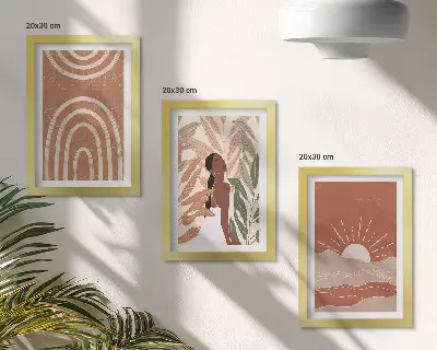 Zestaw 3 obrazów w ramie z motywem abstrakcyjnych kształtów i ilustracji w stylu boho