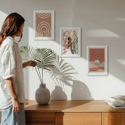 Zestaw 3 obrazów w ramie z motywem abstrakcyjnych kształtów i ilustracji w stylu boho
