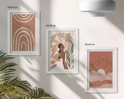 Zestaw 3 obrazów w ramie z motywem abstrakcyjnych kształtów i ilustracji w stylu boho