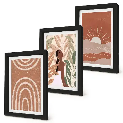 Zestaw 3 obrazów w ramie z motywem abstrakcyjnych kształtów i ilustracji w stylu boho