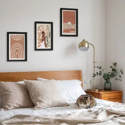 Zestaw 3 obrazów w ramie z motywem abstrakcyjnych kształtów i ilustracji w stylu boho