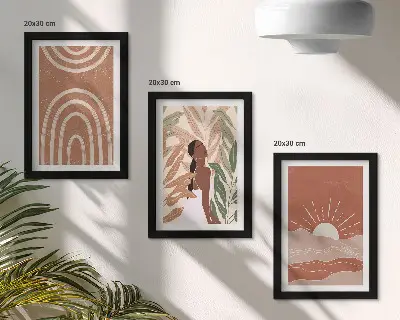 Zestaw 3 obrazów w ramie z motywem abstrakcyjnych kształtów i ilustracji w stylu boho
