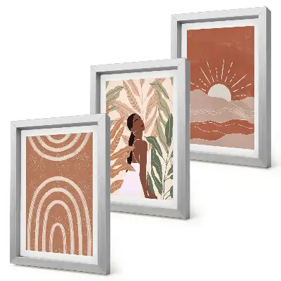 Zestaw 3 obrazów w ramie z motywem abstrakcyjnych kształtów i ilustracji w stylu boho