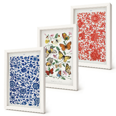 Tryptyk w ramie Vintage kwiaty motyle i ornamenty postery
