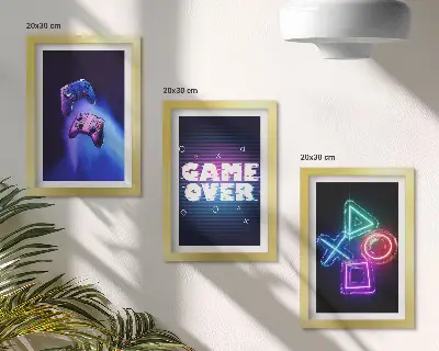 Dekoracja ścienna zestaw obrazów z motywem padów do gry i napisem Game Over