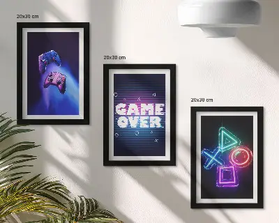 Dekoracja ścienna zestaw obrazów z motywem padów do gry i napisem Game Over