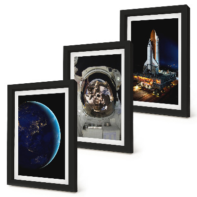 Zestaw 3 obrazów w ramie Widoki kosmosu z Ziemią astronautą i rakietą