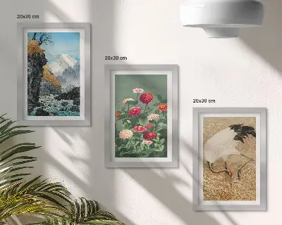 Zestaw 3 obrazów w ramie z motywem górskiego krajobrazu, rzeki, kwiatów oraz żurawi w trawie