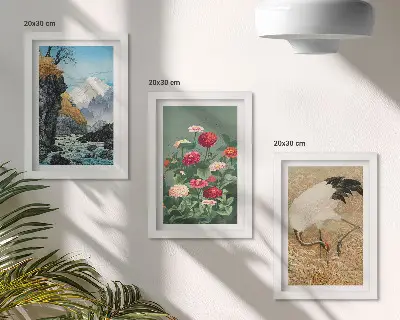 Zestaw 3 obrazów w ramie z motywem górskiego krajobrazu, rzeki, kwiatów oraz żurawi w trawie