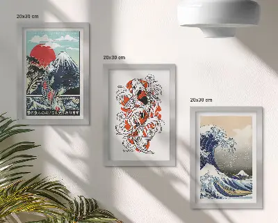 Zestaw obrazów dekoracyjnych ilustracje z motywem gór, ryb i Wielkiej Fali w Kanagawie w stylu japońskim