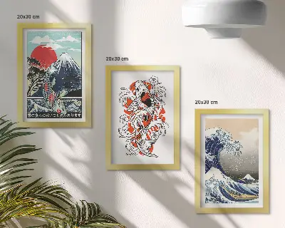 Zestaw obrazów dekoracyjnych ilustracje z motywem gór, ryb i Wielkiej Fali w Kanagawie w stylu japońskim