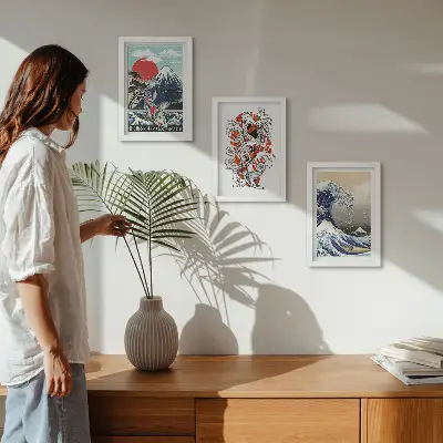 Zestaw obrazów dekoracyjnych ilustracje z motywem gór, ryb i Wielkiej Fali w Kanagawie w stylu japońskim
