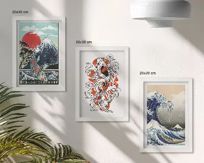 Zestaw obrazów dekoracyjnych ilustracje z motywem gór, ryb i Wielkiej Fali w Kanagawie w stylu japońskim