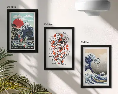 Zestaw obrazów dekoracyjnych ilustracje z motywem gór, ryb i Wielkiej Fali w Kanagawie w stylu japońskim