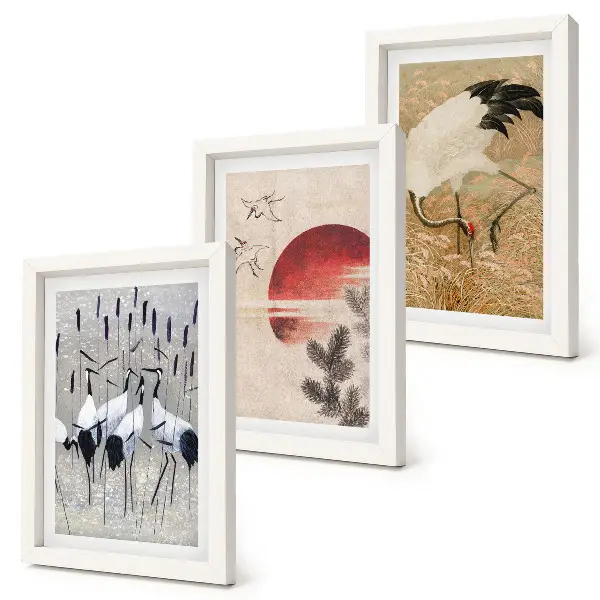 Zestaw 3 obrazów w ramie z japońskimi ilustracjami żurawi w stylu japandi
