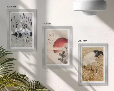Zestaw 3 obrazów w ramie z japońskimi ilustracjami żurawi w stylu japandi