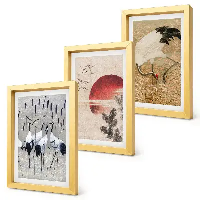Zestaw 3 obrazów w ramie z japońskimi ilustracjami żurawi w stylu japandi