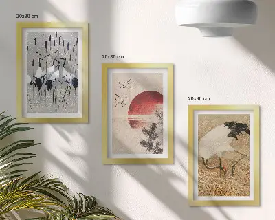 Zestaw 3 obrazów w ramie z japońskimi ilustracjami żurawi w stylu japandi