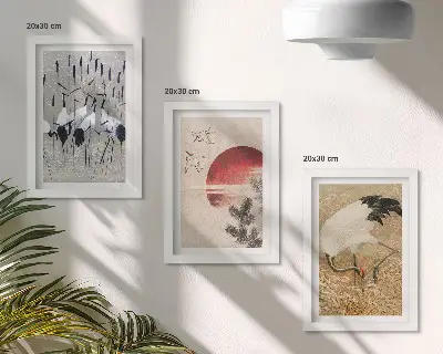 Zestaw 3 obrazów w ramie z japońskimi ilustracjami żurawi w stylu japandi