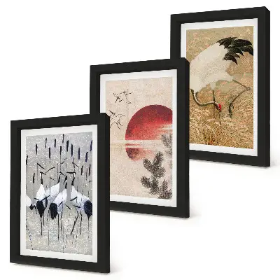 Zestaw 3 obrazów w ramie z japońskimi ilustracjami żurawi w stylu japandi