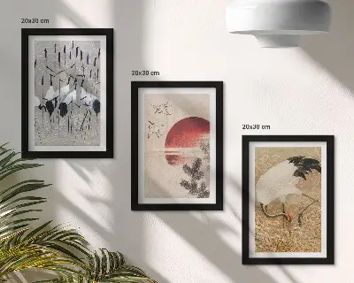 Zestaw 3 obrazów w ramie z japońskimi ilustracjami żurawi w stylu japandi