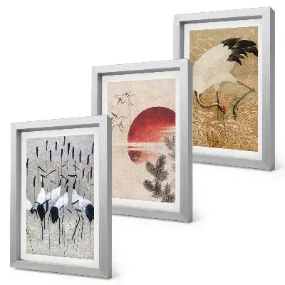 Zestaw 3 obrazów w ramie z japońskimi ilustracjami żurawi w stylu japandi