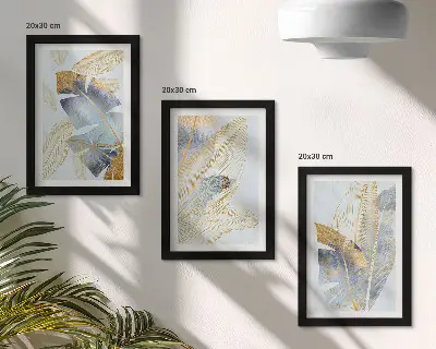 Zestaw 3 obrazów w ramie liście w odcieniach niebieskiego i beżu na jasnym tle