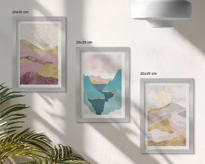 Abstrakcyjne krajobrazy z górami i słońcem zestaw 3 obrazów w ramie