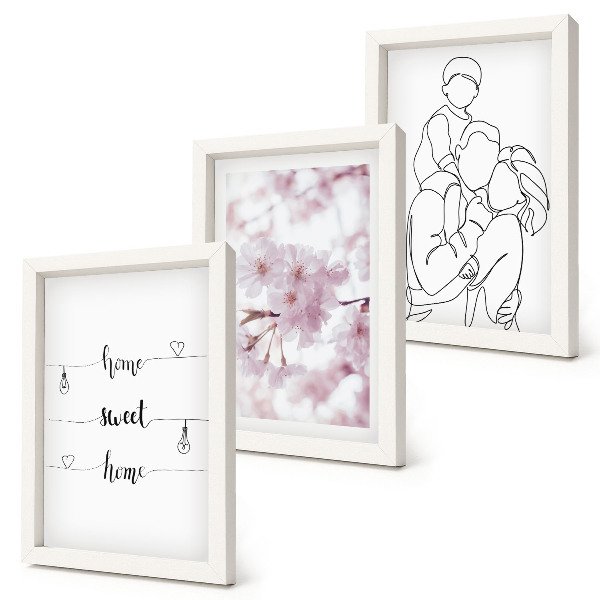 Zestaw 3 obrazów w ramie Kwiaty i rodzina w minimalistycznym designie