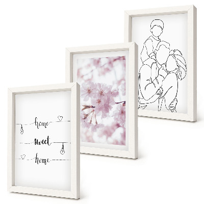 Zestaw 3 obrazów w ramie Kwiaty i rodzina w minimalistycznym designie