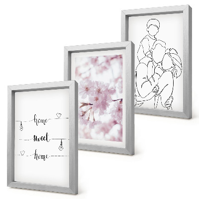 Zestaw 3 obrazów w ramie Kwiaty i rodzina w minimalistycznym designie