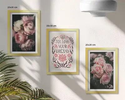 Tryptyk w ramie Vintage róże z motywem napisu o marzeniach