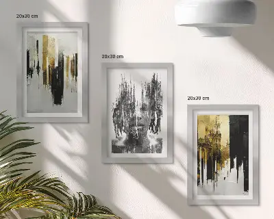 Dekoracja ścienna zestaw obrazów Kontrastujące abstrakcje z portretem i architekturą