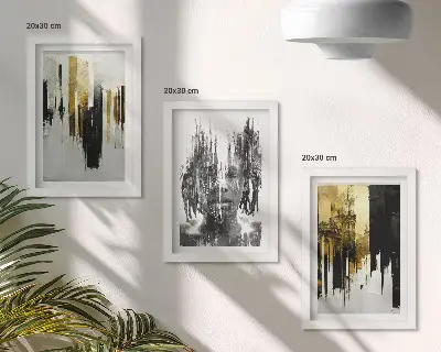 Dekoracja ścienna zestaw obrazów Kontrastujące abstrakcje z portretem i architekturą