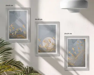 Tryptyk w ramie ptaki w locie na tle nieba i księżyca