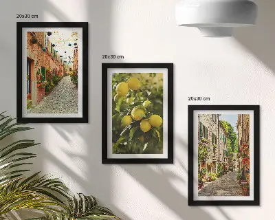 Zestaw 3 obrazów w ramie Urokliwe uliczki z kwiatami i cytrynami w tle