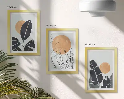 Zestaw 3 obrazów w ramie roślinne wzory z dużymi słońcami w stylu minimalistycznym