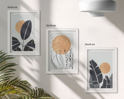 Zestaw 3 obrazów w ramie Roślinne wzory z dużymi słońcami styl minimalistyczny