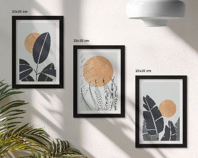 Zestaw 3 obrazów w ramie Roślinne wzory z dużymi słońcami styl minimalistyczny