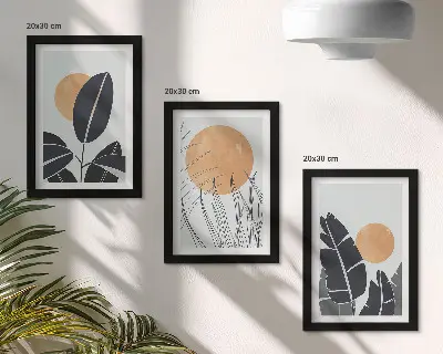 Zestaw 3 obrazów w ramie roślinne wzory z dużymi słońcami w stylu minimalistycznym
