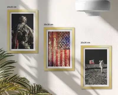 Tryptyk w ramie z motywem amerykańskich symboli narodowych i flagi USA