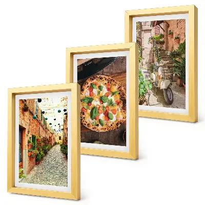Zestaw 3 obrazów w ramie Urokliwe uliczki z roślinnością i włoska pizza