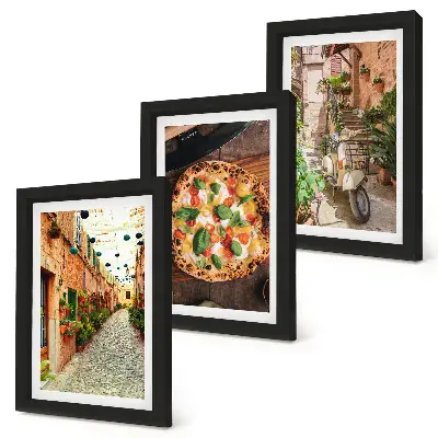 Zestaw 3 obrazów w ramie Urokliwe uliczki z roślinnością i włoska pizza
