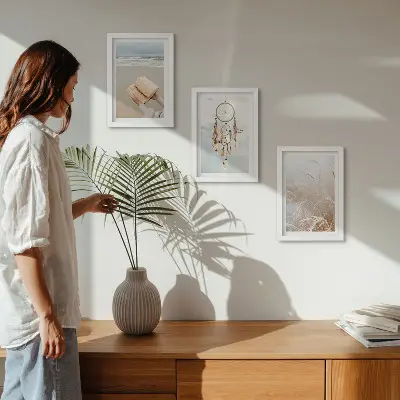 Tryptyk w ramie spokojne pejzaże z delikatnymi letnimi widokami w stylu boho