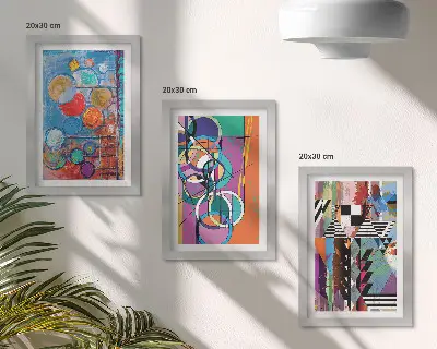 Zestaw 3 obrazów w ramie Kolorowe abstrakcje z okręgami i geometrycznymi wzorami