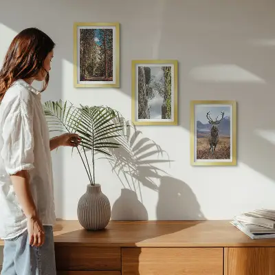 Droga w lesie góry i jeleń w naturze zestaw 3 obrazów w ramie