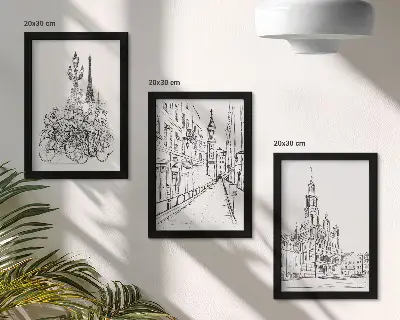 Zestaw 3 obrazów w ramie proste rysunki z widokami miast