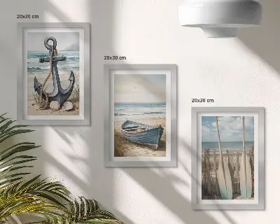 Zestaw obrazów dekoracja ścienna z kotwicą, łódką i wiosłami na plaży z widokiem na morze